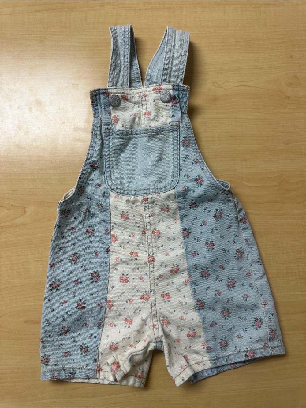 Old Navy Light Blue and Cream Floral Denim Short Overalls